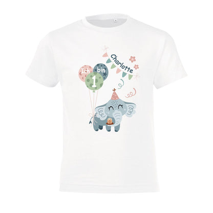 Kinder T-Shirt zum Geburtstag mit Motiv Elefant, personalisiert mit Wunschname und Zahl, Geburtstagsshirt aus Baumwolle