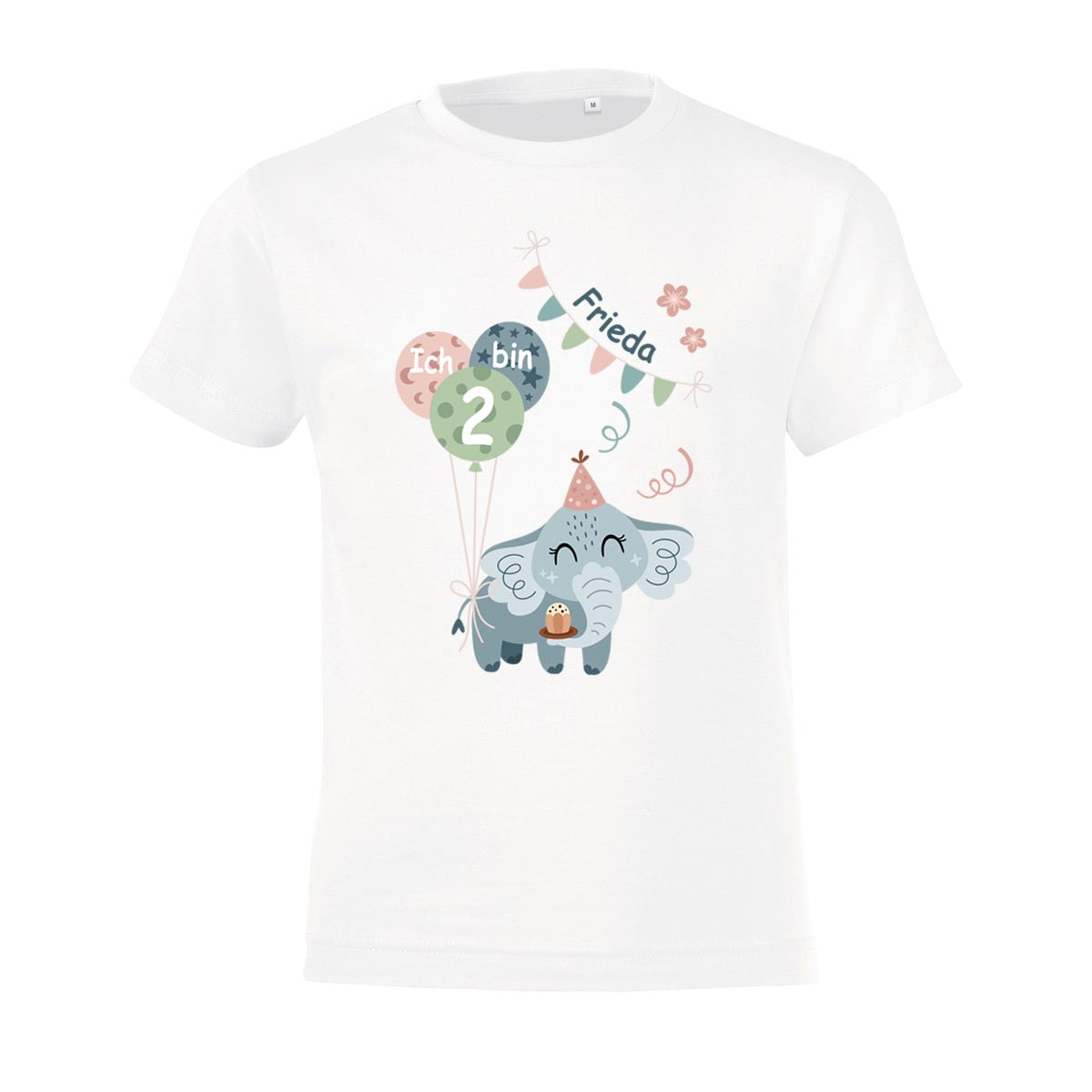 Kinder T-Shirt zum Geburtstag mit Motiv Elefant, personalisiert mit Wunschname und Zahl, Geburtstagsshirt aus Baumwolle