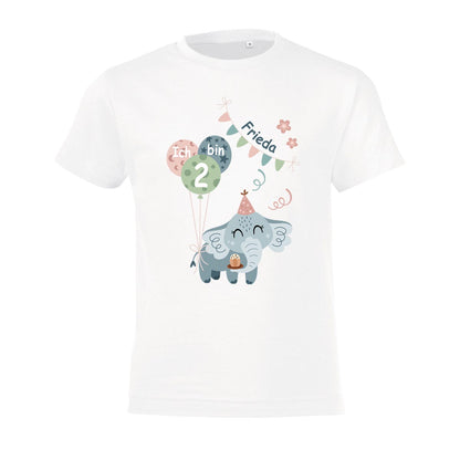 Kinder T-Shirt zum Geburtstag mit Motiv Elefant, personalisiert mit Wunschname und Zahl, Geburtstagsshirt aus Baumwolle