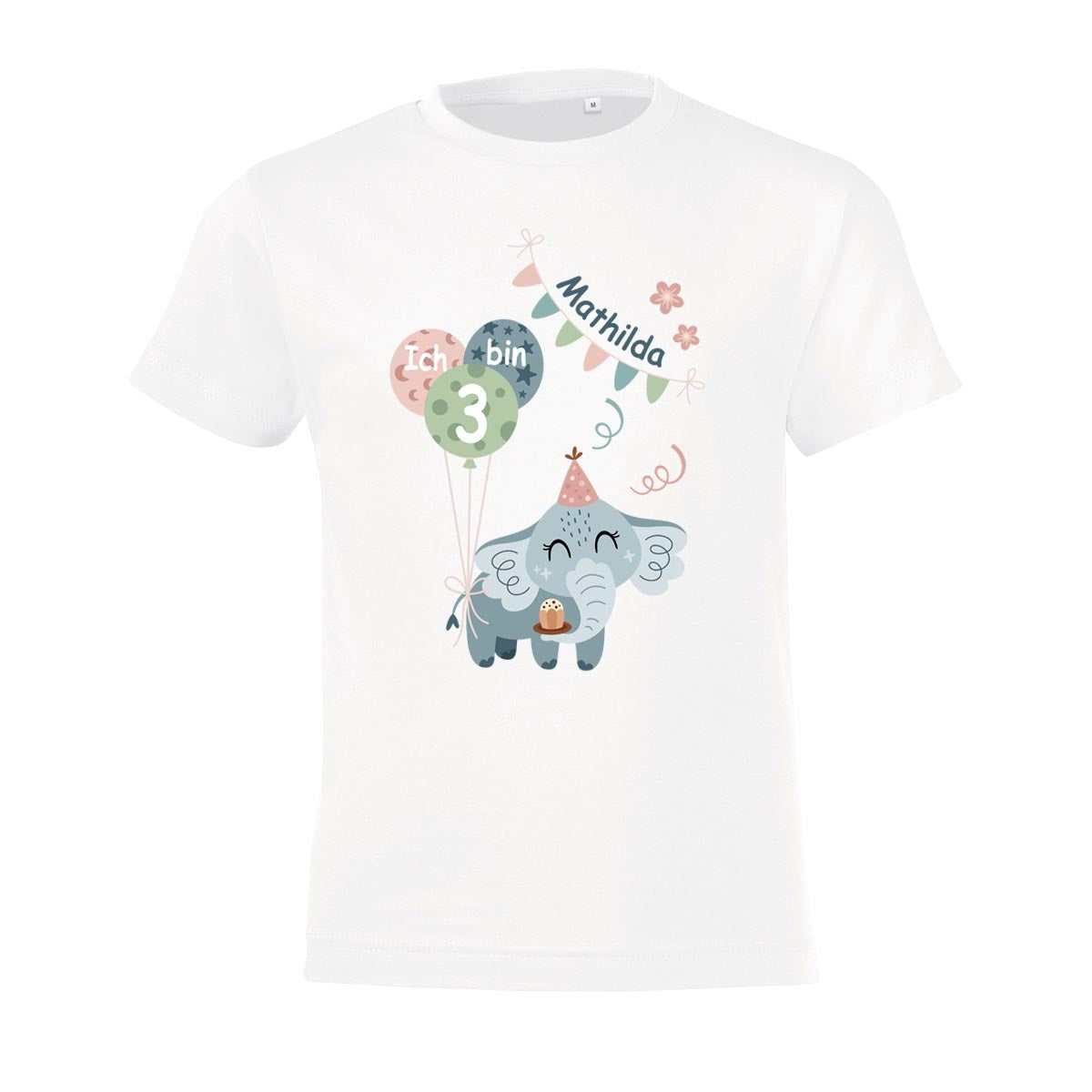 Kinder T-Shirt zum Geburtstag mit Motiv Elefant, personalisiert mit Wunschname und Zahl, Geburtstagsshirt aus Baumwolle