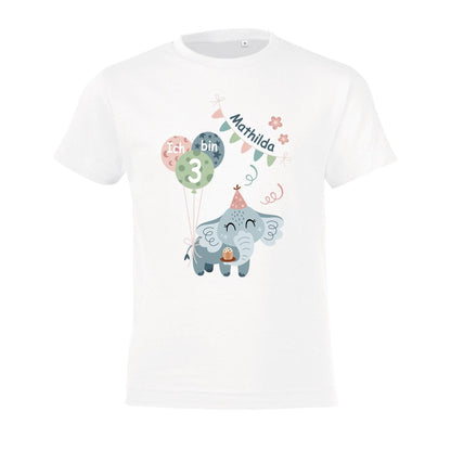 Kinder T-Shirt zum Geburtstag mit Motiv Elefant, personalisiert mit Wunschname und Zahl, Geburtstagsshirt aus Baumwolle