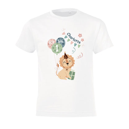 Kinder T-Shirt zum Geburtstag mit Motiv Löwe, personalisiert mit Wunschname und Zahl, Geburtstagsshirt aus Baumwolle