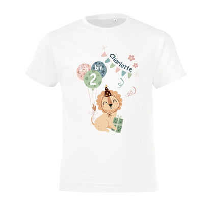 Kinder T-Shirt zum Geburtstag mit Motiv Löwe, personalisiert mit Wunschname und Zahl, Geburtstagsshirt aus Baumwolle