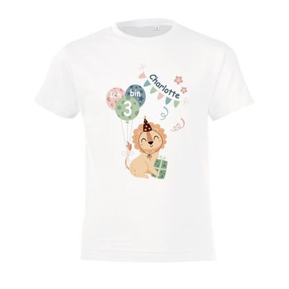 Kinder T-Shirt zum Geburtstag mit Motiv Löwe, personalisiert mit Wunschname und Zahl, Geburtstagsshirt aus Baumwolle