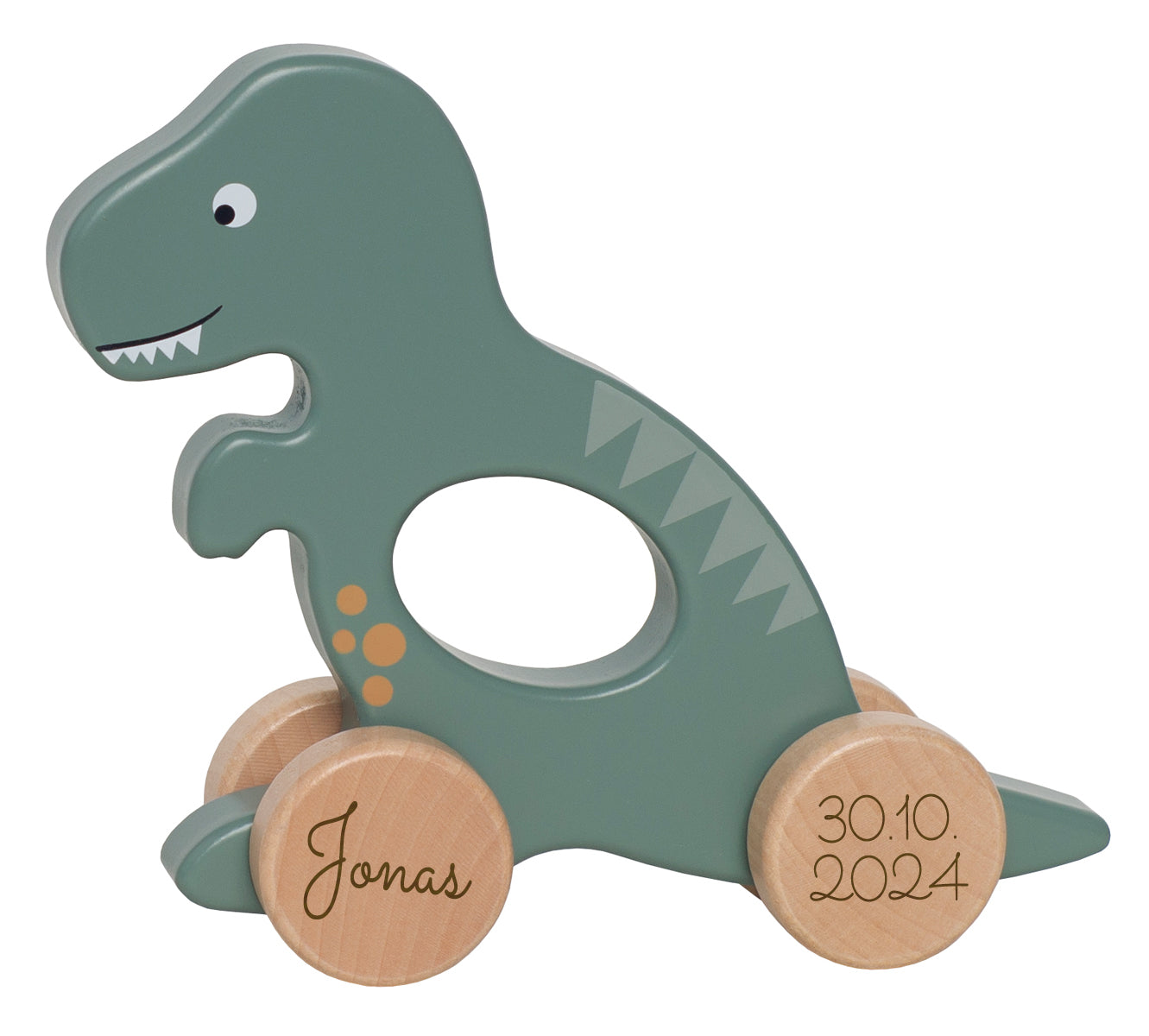 Personalisiertes Schiebetier Dinosaurier aus Holz mit Name und Geburtsdatum des Kindes Greiftier Rolltier Holzspielzeug ab 12 Monate