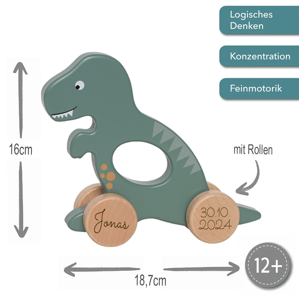 Personalisiertes Schiebetier Dinosaurier aus Holz mit Name und Geburtsdatum des Kindes Greiftier Rolltier Holzspielzeug ab 12 Monate