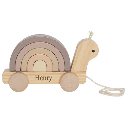 Nachziehtier aus Holz personalisierbar mit Name und Geburtsdaten des Kindes Gravur Holzspielzeug Ziehtier Schnecke ab 18 Monaten