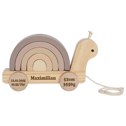 Nachziehtier aus Holz personalisierbar mit Name und Geburtsdaten des Kindes Gravur Holzspielzeug Ziehtier Schnecke ab 18 Monaten
