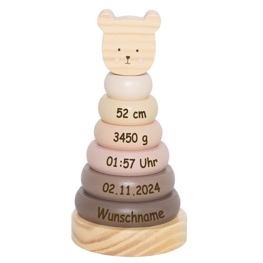 Stapelturm aus Holz personalisiert mit Name und Geburtsdaten Baby Geschenk Steckspiel Stapelringe graviert Bär Natur