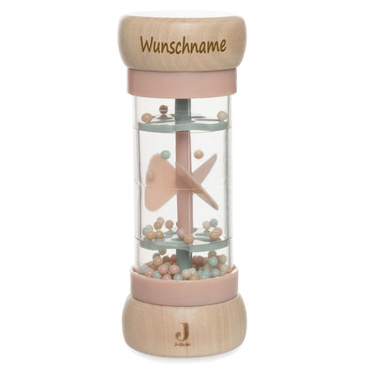 Regenmacher Rassel Baby aus Holz personalisierbar mit Name graviert Greifring für Baby Geschenk zur Geburt rosa