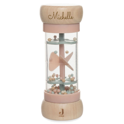 Regenmacher Rassel Baby aus Holz personalisierbar mit Name graviert Greifring für Baby Geschenk zur Geburt rosa
