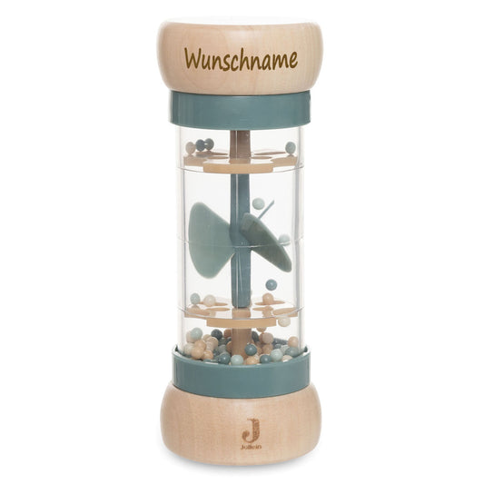 Regenmacher Rassel Baby aus Holz personalisierbar mit Name graviert Greifring für Baby Geschenk zur Geburt salbei