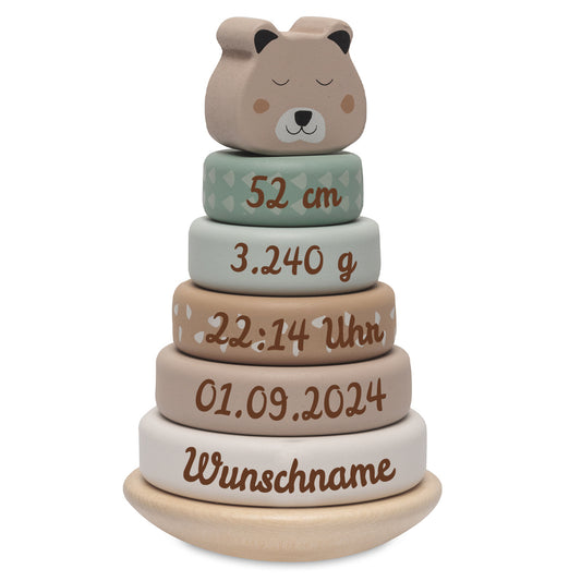 Stapelturm aus Holz personalisiert mit Namen und Geburtsdaten Gravur Holzspielzeug Bär