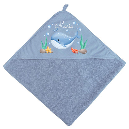Baby Kapuzenhandtuch personalisiert mit Motiv Meer und Name 75 x 75 cm Baumwolle Frottee Saugfähig