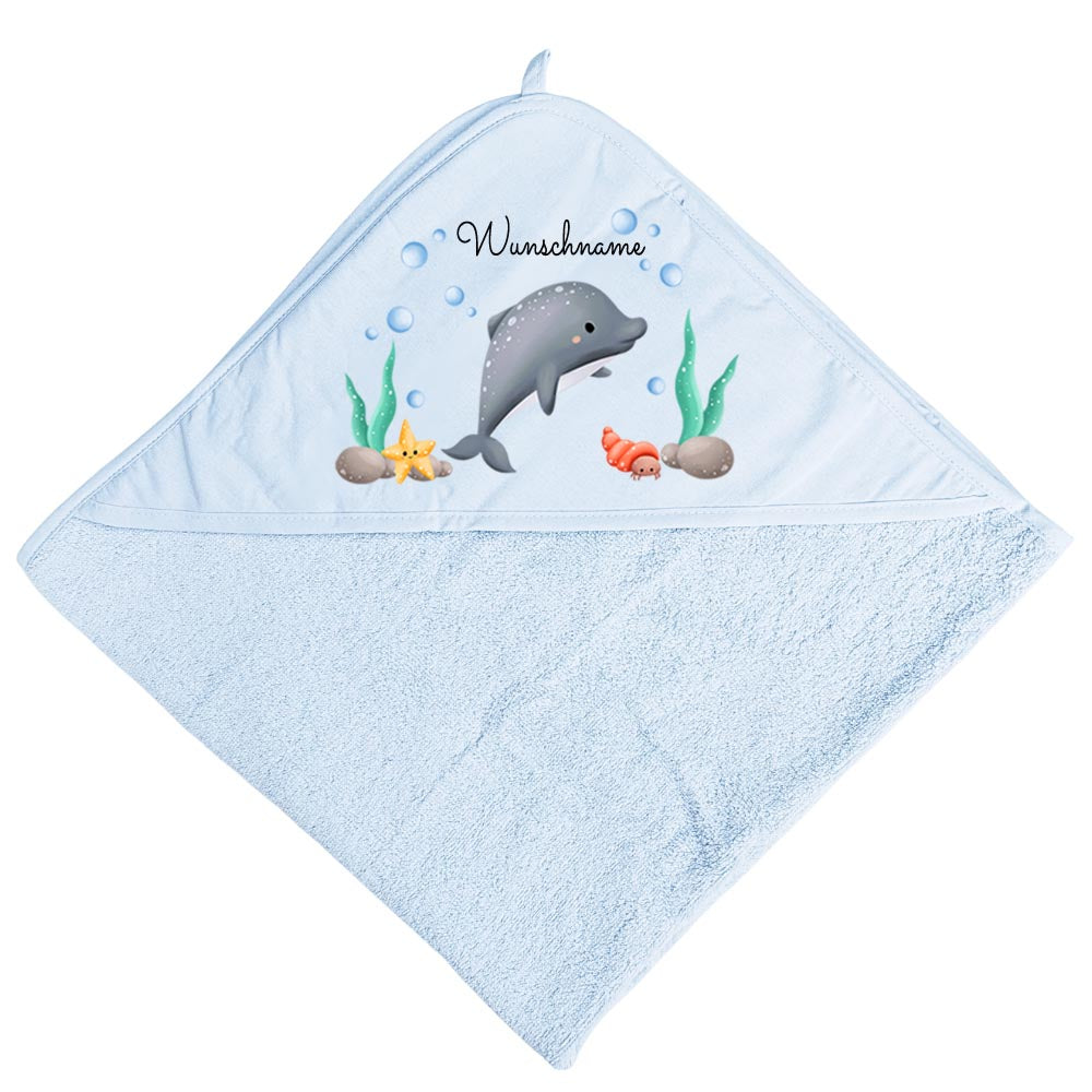 Baby Kapuzenhandtuch personalisiert mit Motiv Meer und Name 75 x 75 cm Baumwolle Frottee Saugfähig