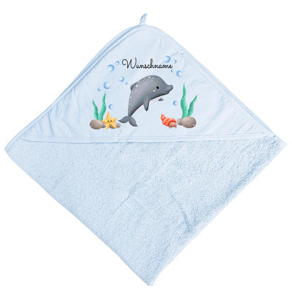 Baby Kapuzenhandtuch personalisiert mit Motiv Meer und Name 75 x 75 cm Baumwolle Frottee Saugfähig