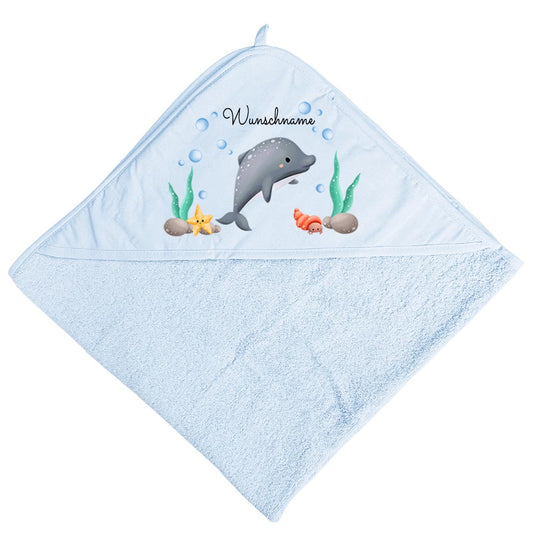 Baby Kapuzenhandtuch personalisiert mit Motiv Meer und Name 75 x 75 cm Baumwolle Frottee Saugfähig