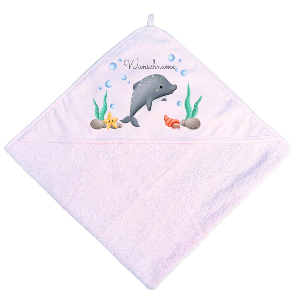 Baby Kapuzenhandtuch personalisiert mit Motiv Meer und Name 75 x 75 cm Baumwolle Frottee Saugfähig