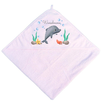 Baby Kapuzenhandtuch personalisiert mit Motiv Meer und Name 75 x 75 cm Baumwolle Frottee Saugfähig