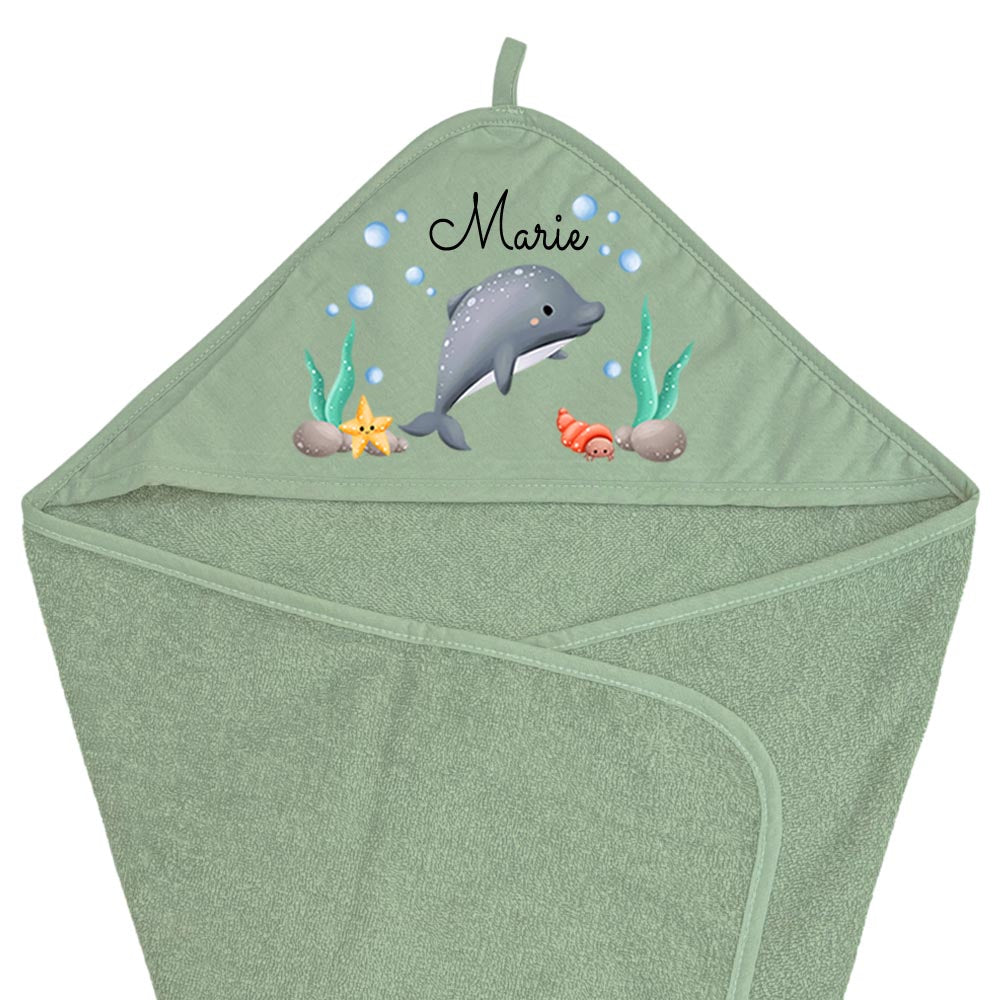 Baby Kapuzenhandtuch personalisiert mit Motiv Meer und Name 75 x 75 cm Baumwolle Frottee Saugfähig