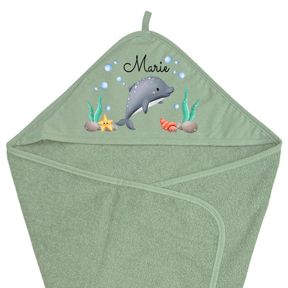 Baby Kapuzenhandtuch personalisiert mit Motiv Meer und Name 75 x 75 cm Baumwolle Frottee Saugfähig