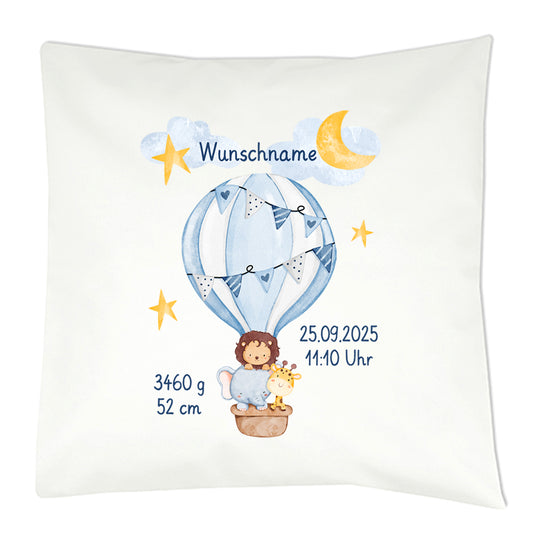Personalisiertes Geburtskissen mit Heißluftballon-Motiv, Geburtsdaten und Wunschname, Geschenk zur Geburt
