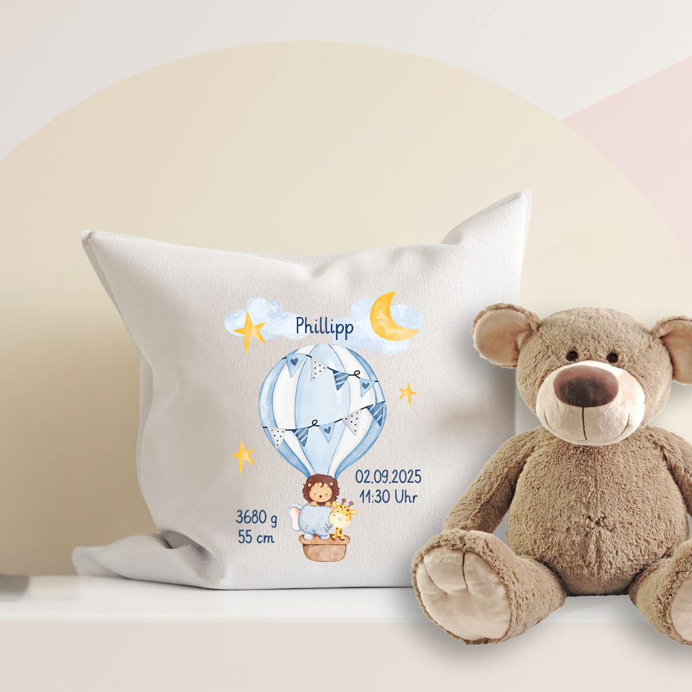 Personalisiertes Geburtskissen mit Heißluftballon-Motiv, Geburtsdaten und Wunschname, Geschenk zur Geburt