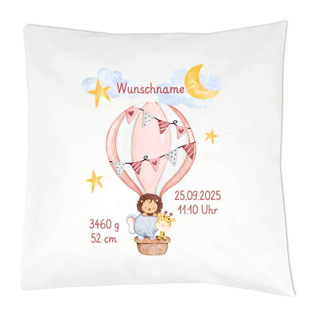 Personalisiertes Geburtskissen mit Heißluftballon-Motiv, Geburtsdaten und Wunschname, Geschenk zur Geburt