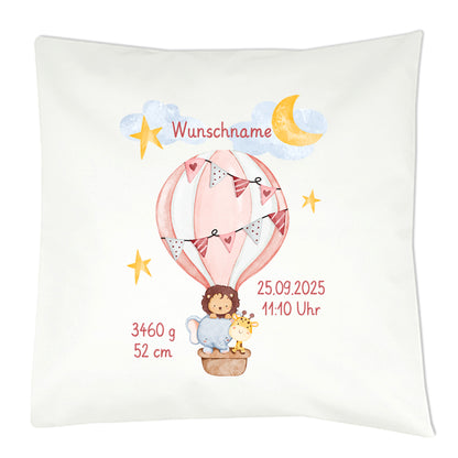 Personalisiertes Geburtskissen mit Heißluftballon-Motiv, Geburtsdaten und Wunschname, Geschenk zur Geburt
