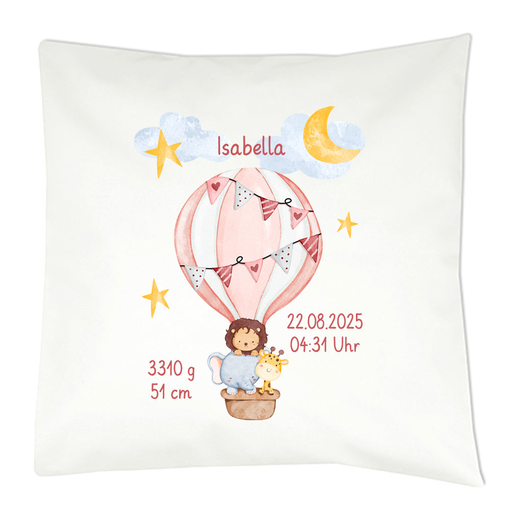 Personalisiertes Geburtskissen mit Heißluftballon-Motiv, Geburtsdaten und Wunschname, Geschenk zur Geburt