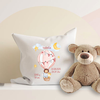 Personalisiertes Geburtskissen mit Heißluftballon-Motiv, Geburtsdaten und Wunschname, Geschenk zur Geburt