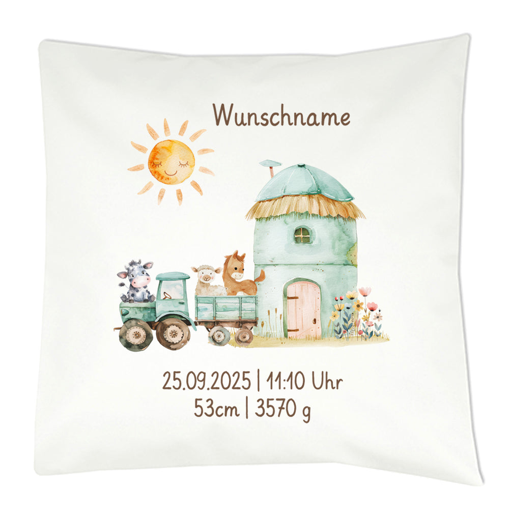 Personalisiertes Geburtskissen mit Bauernhof-Motiv, Geburtsdaten und Wunschname, Geschenk zur Geburt Trecker