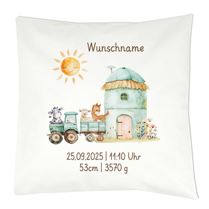 Personalisiertes Geburtskissen mit Bauernhof-Motiv, Geburtsdaten und Wunschname, Geschenk zur Geburt Trecker