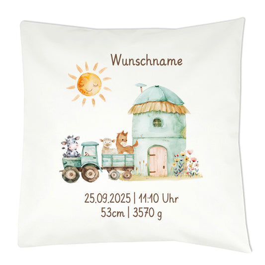 Personalisiertes Geburtskissen mit Bauernhof-Motiv, Geburtsdaten und Wunschname, Geschenk zur Geburt Trecker