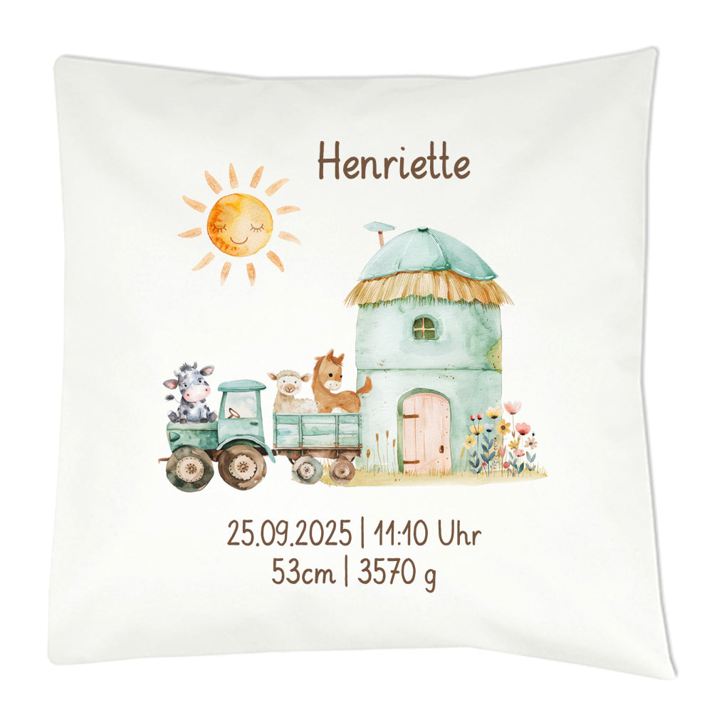 Personalisiertes Geburtskissen mit Bauernhof-Motiv, Geburtsdaten und Wunschname, Geschenk zur Geburt Trecker