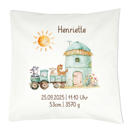 Personalisiertes Geburtskissen mit Bauernhof-Motiv, Geburtsdaten und Wunschname, Geschenk zur Geburt Trecker