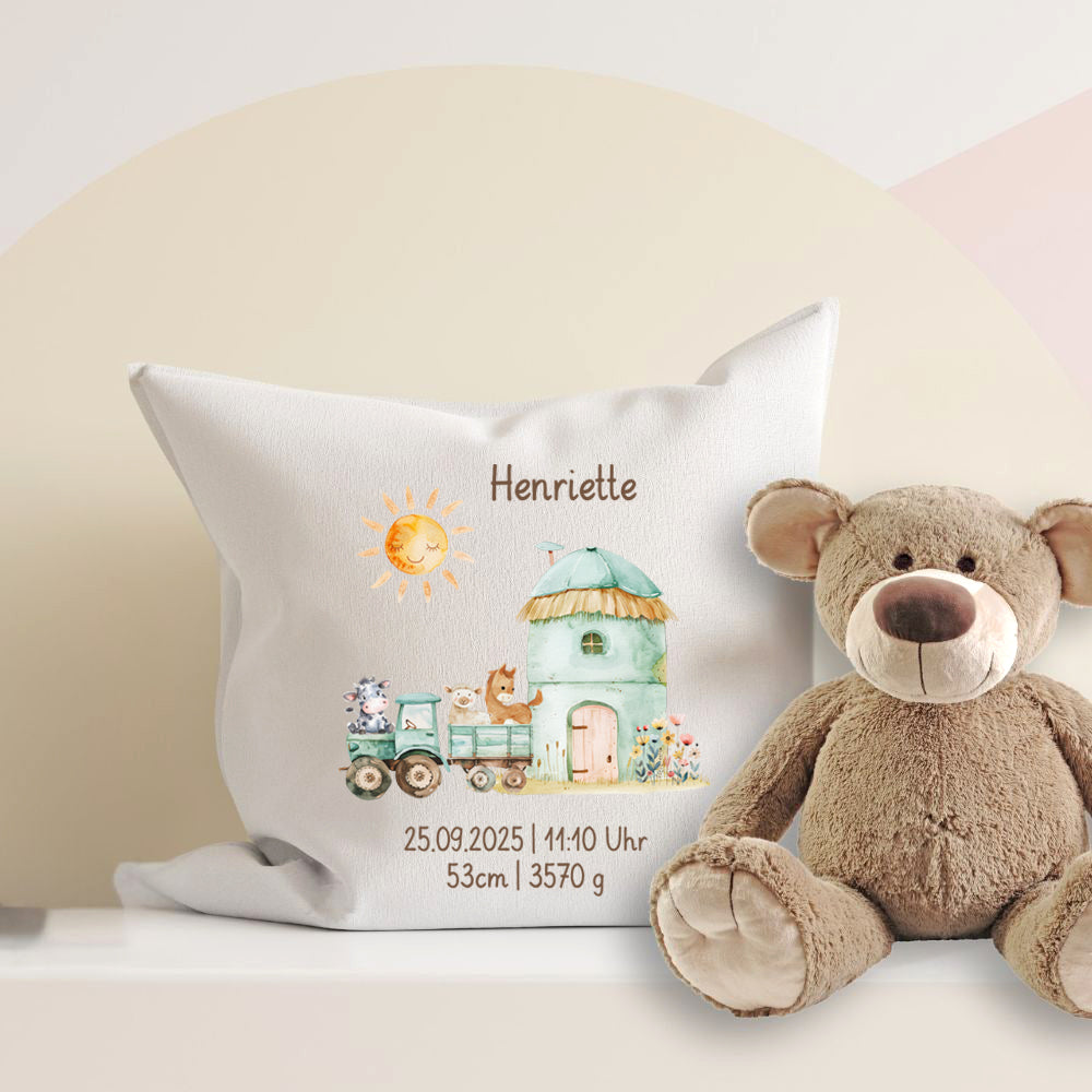 Personalisiertes Geburtskissen mit Bauernhof-Motiv, Geburtsdaten und Wunschname, Geschenk zur Geburt Trecker
