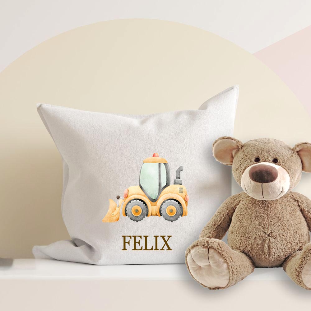 Personalisiertes Kissen mit Fahrzeug-Motiv und Wunschname Bedruckt, Geschenk zur Geburt, Dekokissen Kinderzimmer