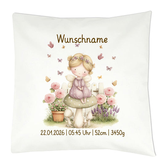Personalisiertes Geburtskissen mit Fee-Motiv, Geburtsdaten und Wunschname, Geschenk zur Geburt