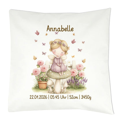 Personalisiertes Geburtskissen mit Fee-Motiv, Geburtsdaten und Wunschname, Geschenk zur Geburt