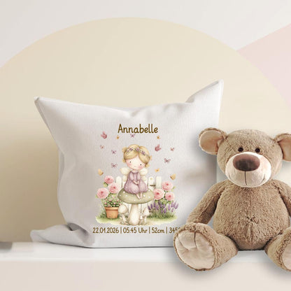 Personalisiertes Geburtskissen mit Fee-Motiv, Geburtsdaten und Wunschname, Geschenk zur Geburt