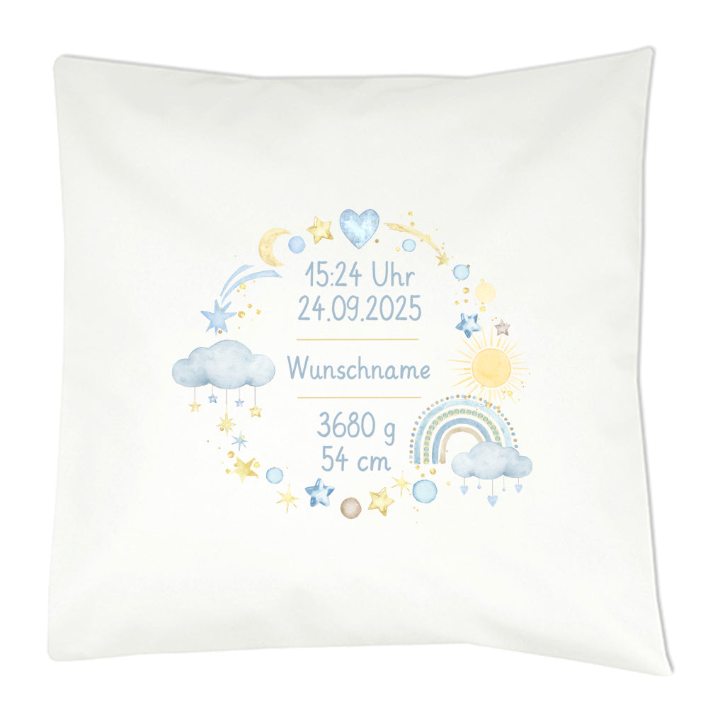 ersonalisiertes Geburtskissen mit Regenbogen-Motiv, Geburtsdaten und Wunschname, Geschenk zur Geburt Kranz