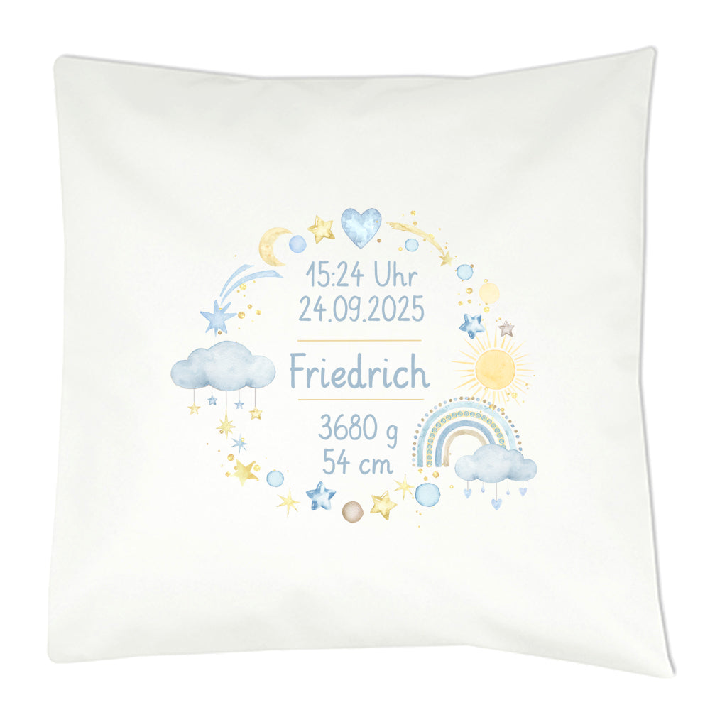 ersonalisiertes Geburtskissen mit Regenbogen-Motiv, Geburtsdaten und Wunschname, Geschenk zur Geburt Kranz