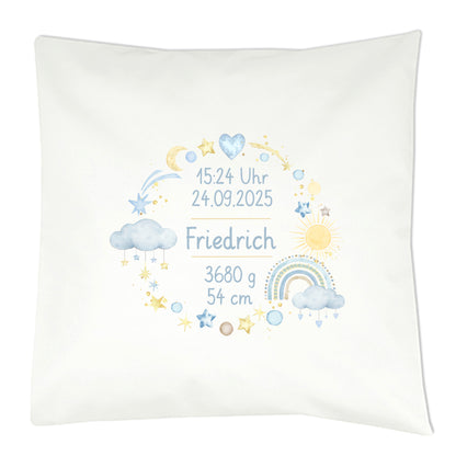 ersonalisiertes Geburtskissen mit Regenbogen-Motiv, Geburtsdaten und Wunschname, Geschenk zur Geburt Kranz