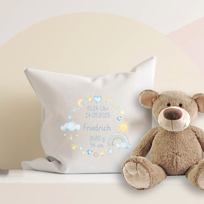 ersonalisiertes Geburtskissen mit Regenbogen-Motiv, Geburtsdaten und Wunschname, Geschenk zur Geburt Kranz
