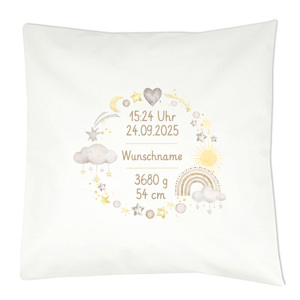 ersonalisiertes Geburtskissen mit Regenbogen-Motiv, Geburtsdaten und Wunschname, Geschenk zur Geburt Kranz