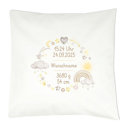ersonalisiertes Geburtskissen mit Regenbogen-Motiv, Geburtsdaten und Wunschname, Geschenk zur Geburt Kranz