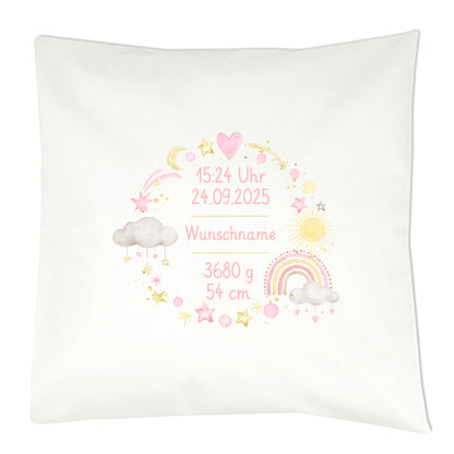 ersonalisiertes Geburtskissen mit Regenbogen-Motiv, Geburtsdaten und Wunschname, Geschenk zur Geburt Kranz