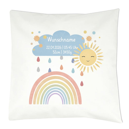 Personalisiertes Geburtskissen mit Regenbogen-Motiv, Geburtsdaten und Wunschname, Geschenk zur Geburt