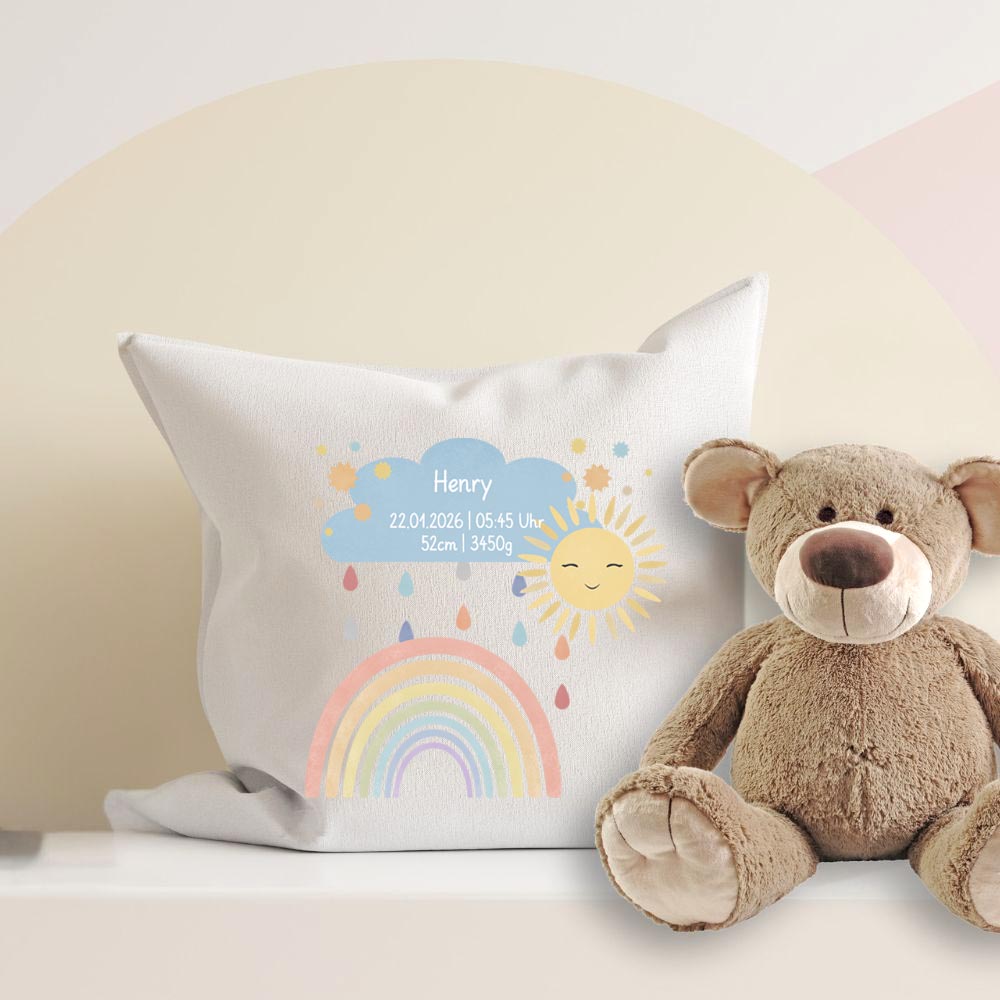 Personalisiertes Geburtskissen mit Regenbogen-Motiv, Geburtsdaten und Wunschname, Geschenk zur Geburt